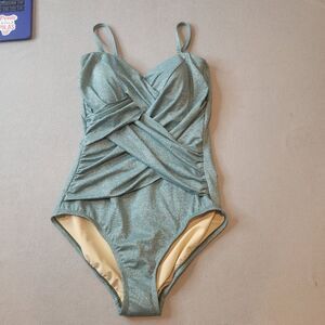 Lands' End Shine Green Bandeau Tummy Control Size 10 Swimsuit One Piece